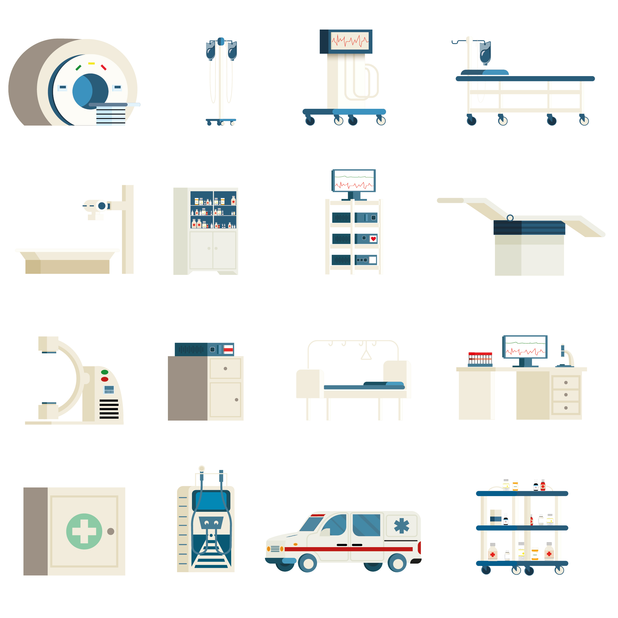 Vector illustration collection of hospital equipment and medical facilities, including patient beds, monitors, imaging devices, storage units, an ambulance, and a first-aid cabinet.